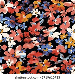 Patrón de flores sin costuras hecho de tela tradicional para la moda. Simple, adecuado para la impresión rotativa sobre un fondo oscuro. Diseño Básico de la tela del ilustrador de la fabricación 