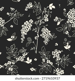 Patrón de flores sin costuras hecho de tela tradicional para la moda. Simple, adecuado para la impresión rotativa sobre un fondo oscuro. Diseño Básico de la tela del ilustrador de la fabricación 