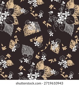 Patrón de flores sin costuras hecho de tela tradicional para la moda. Simple, adecuado para la impresión rotativa sobre un fondo oscuro. Diseño Básico de la tela del ilustrador de la fabricación 