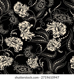 Patrón de flores sin costuras hecho de tela tradicional para la moda. Simple, adecuado para la impresión rotativa sobre un fondo oscuro. Diseño Básico de la tela del ilustrador de la fabricación 