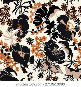 Patrón de flores sin costuras hecho de tela tradicional para la moda. Simple, adecuado para la impresión rotativa sobre un fondo oscuro. Diseño Básico de la tela del ilustrador de la fabricación 