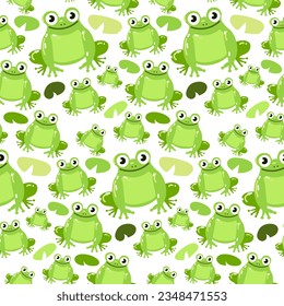 Seamless frog pattern. Cartoon cute frogs for kids repeat the texture. green frogs and leaves from a water lily in a swamp. Printing on textiles and paper. children's clothing