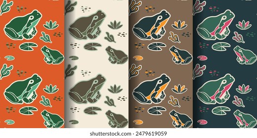 Seamless Frog Pattern with Some Pond Elements. Fun Toad Background in Four Color Combination.