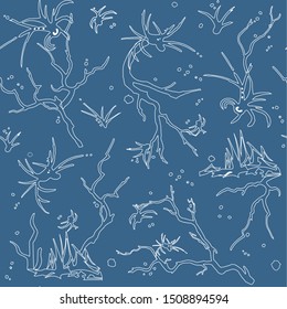 Seamless frosty pattern. Contour sharp branches on a blue background. Spiky white monsters. Vector halloween illustration for textile, fabric, paper.