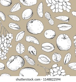 Seamless fruit background with apricots, apples, grapes and nuts.