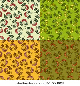 Seamless fruit background in four different color options, freehand drawing, print on fabric, splash screen viburnum