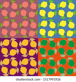 Seamless fruit background in four different color options, freehand drawing, print on fabric, screen saver apples