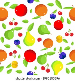 Seamless fruit background. Fresh apples, pears, plums, cherries, oranges, on a white background.
