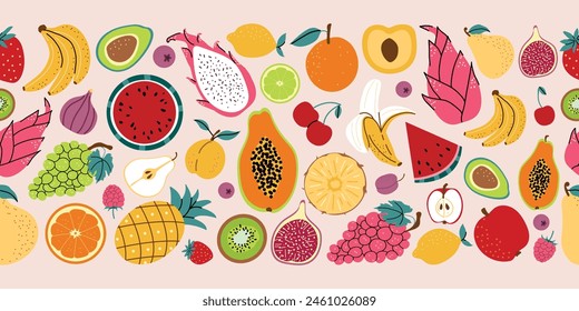 Seamless fruit background. Large collection of different fruits and berries. Banana, kiwi, pineapple, pear, lemon, avocado. Vector illustration. Horizontal banner with isolated background.  
