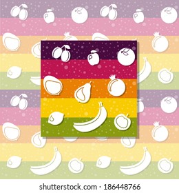 Seamless fruit background or pattern. Colorful red, green, yellow and purple stripes with white fruit. Vector. 