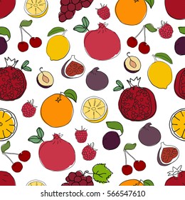 Seamless fruit background with pomegranates, figs, cherry, plum, lemon, orange, grape,raspberry.Seamless pattern with colorful fresh fruits.