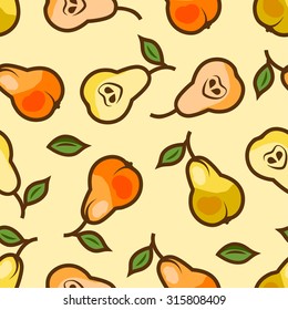Seamless fruit background - vector pattern with pear. Funny fruit.