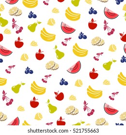 Seamless fruit background. Vector, pineapple, apple, cherry, lemon, pineapple, watermelon, pear, blueberry.