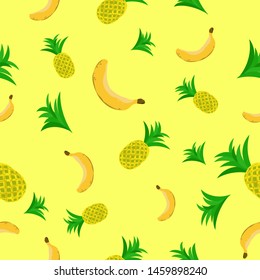 Seamless fruit banana pineapple repeat background natural food endless texture great for textile, wrapping, fabric print