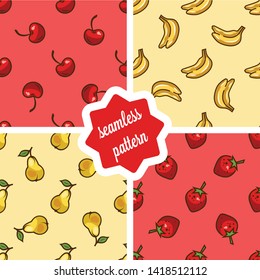 Seamless fruit and berry backgrounds set- vector patterns with banana, pear, cherry, strawberry . Funny fruit. Cute Seamless Patterns.