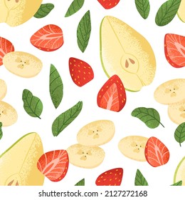 Seamless fruit and berry pattern. Endless background design with natural strawberry, banana, pears pieces. Fresh healthy vitamin food, repeating print. Flat vector illustration of repeatable texture