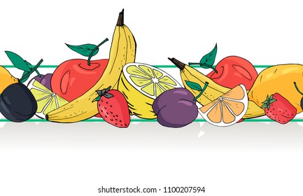 seamless fruit border, hand drawn elements. colorful fruits and berries, template for cards, menu, banners