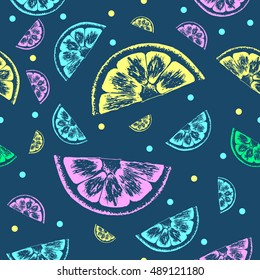 Seamless fruit and citrus pattern, lemon, orange, lime. Vector EPS 10.