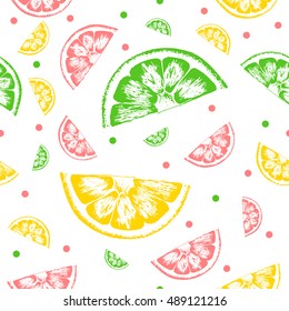 Seamless fruit and citrus pattern, lemon, orange, lime. Vector EPS 10.