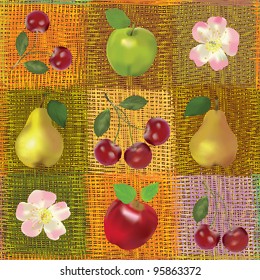 Seamless fruit composition on colorful striped background