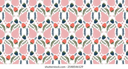 Fruta sem emenda e padrão floral com peras, morangos, amoras, folhas verdes e flores rosa no fundo branco para desenhos decorativos vibrantes