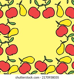 Seamless fruit frame. Colored apple and pear background with place for text. Doodle vector illustration with fruits