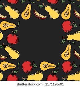 Seamless fruit frame. Colored apple and pear background with place for text. Doodle vector illustration with fruits