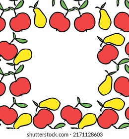 Seamless fruit frame. Colored apple and pear background with place for text. Doodle vector illustration with fruits