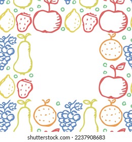 Nahtlose Fruchtrahmen. doodle Hintergrund mit Fruchtsymbolen. Obsthintergrund