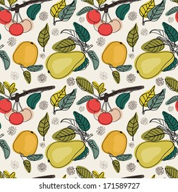 Seamless fruit garden and foliage pattern, hand drown cherry, apple and pear
