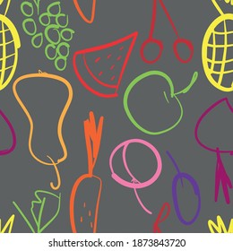 Seamless fruit inversion pattern on dark background. Healthy Doodle vegetarian food cherry, pear, pineapple, orange, Apple, grape. Suitable for textiles, Wallpaper, clothing, etc.