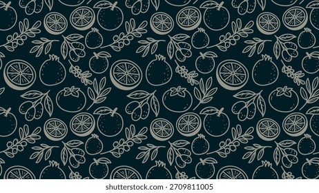 Patrón de contorno de fruta sin fisuras con rodajas de cítricos, manzanas, naranja y hojas sobre un fondo oscuro perfecto para textiles, embalaje y decoración.