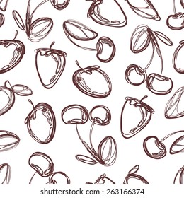 Seamless fruit pattern. Abstract background with berries, cherries, strawberries. Healthy food texture. Vector illustration