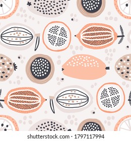 Nahtlose Fruchtmuster mit abstrakten exotischen Früchten. Abstrakter Sommerfruchthintergrund. Vektorgrafik ideal für Gewebe und Textilien, Tapeten, Umhüllung, Hintergründe. Vektorgrafik. Pastellfarben