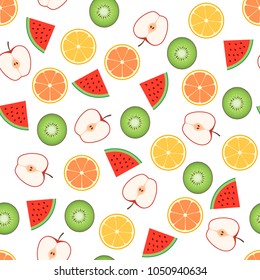 Seamless fruit pattern. Apple, lemon, kiwi, watermelon. Vector illustration.