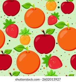 Seamless fruit pattern with apples, oranges, pineapples, and strawberries on a light green background. Perfect for textiles, wrapping paper, kitchen decor, and organic product packaging
