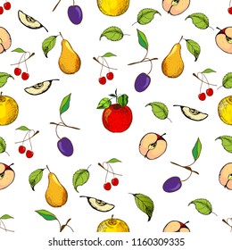 Seamless fruit pattern. Apples, pear, plum and cherry on white background.