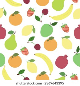Seamless fruit pattern of apples,bananas,pears,pomegranate,orange,cherry,strawberry on a white background.Vector pattern for textiles,notebook covers, packages.