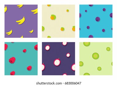 Seamless Fruit Pattern Background Design with Banana, Cape gooseberry, Huckleberry, Red Raspberry, Dragon Fruit, Kiwi Ideal for Cards, Ads, Web page, Banners, Tags