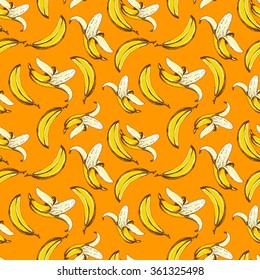 Seamless fruit pattern with banana. Hand drawn vector illustration in sketch style.