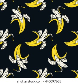 Seamless fruit pattern with banana. Hand drawn vector illustration in sketch style.