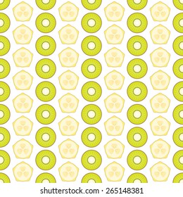 Seamless fruit pattern - banana and kiwifruit. Vector illustration. For menu, cards, invitations, wedding or baby shower albums, backgrounds, wallpapers, arts and scrapbooks.