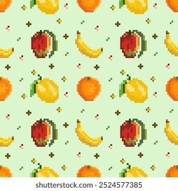 Padrão de frutas sem costura banana, manga, laranja, limão no estilo pixel art.