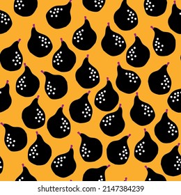 Seamless fruit pattern. Black abstract pears. Yellow background. vector texture. fashionable print for textiles, wallpaper and packaging.