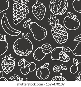 Seamless fruit pattern, Black and white repeating vector fruit background drawn over chalkboard. Grapes, mango, banana, lemon, cherry penapple doodle illustration.