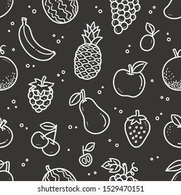 Seamless fruit pattern, Black and white repeating vector fruit background drawn over chalkboard. Grapes, mango, banana, lemon, cherry penapple doodle illustration.