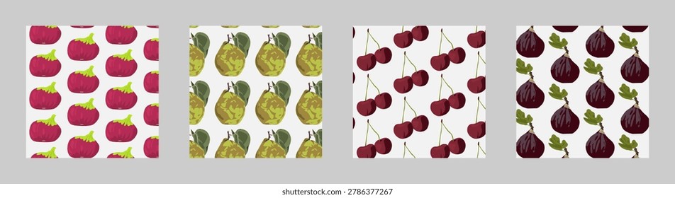 Seamless fruit pattern collection with pear, cherry and fig illustrations. Decorative food textures for fabric, wrapping paper, packaging, kitchen textiles, wallpaper and surface design.