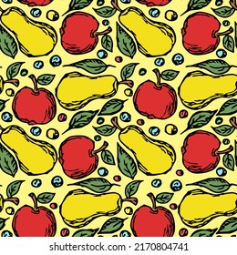 Seamless fruit pattern. Colored apple and pear background. Doodle vector illustration with fruits