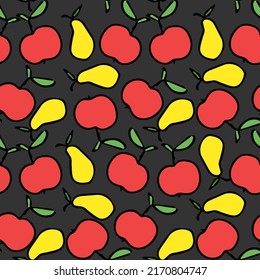 Seamless fruit pattern. Colored apple and pear background. Doodle vector illustration with fruits