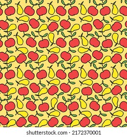 Seamless fruit pattern. Colored apple and pear background. Doodle vector illustration with fruits